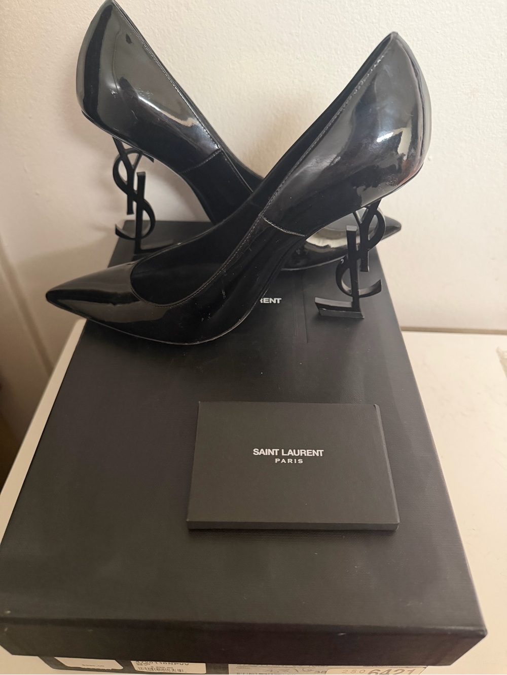 Saint Laurent Black Patent Logo-Heel Pointed Pumps